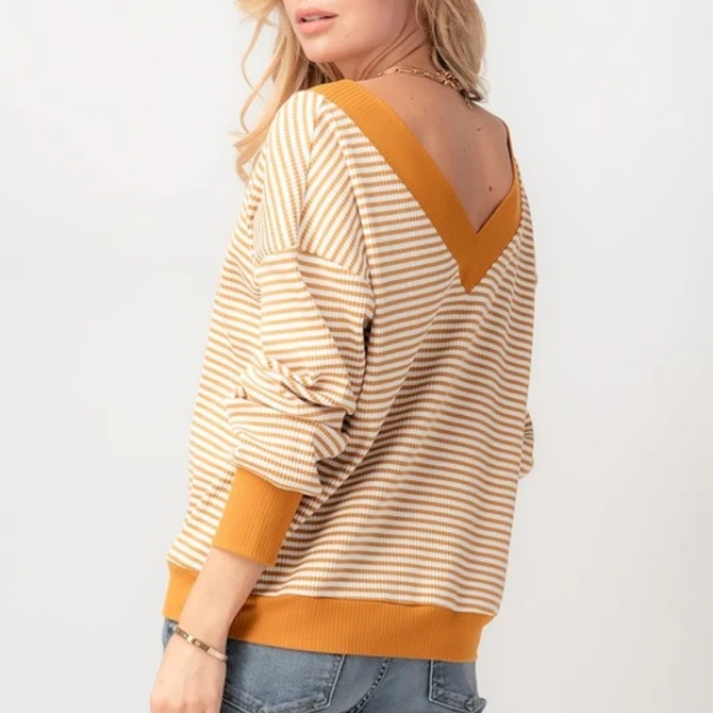 Emberley Goldenrod Yellow Skinny Stripe V-neck Knit Top Size S